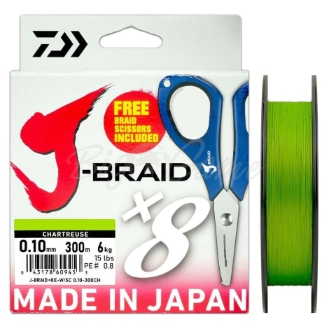 Плетенка DAIWA J-Braid Grand X8E-W/SC + ножницы 300 м цв. Chartreuse 0,1 мм фото 1