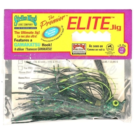 Бактейл STRIKE KING Premier Elite Jig 7 г (1/4 oz) цв. black / green / chartreuse flash фото 1