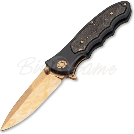 Нож складной BOKER Leopard-Damast III Gold дамасская сталь рукоять сплав AlMgSi1 цв. Коричневый фото 1