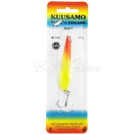 Блесна колеблющаяся KUUSAMO Suomi 80/25 код цв. FR/FYe-S, UV  фото 2