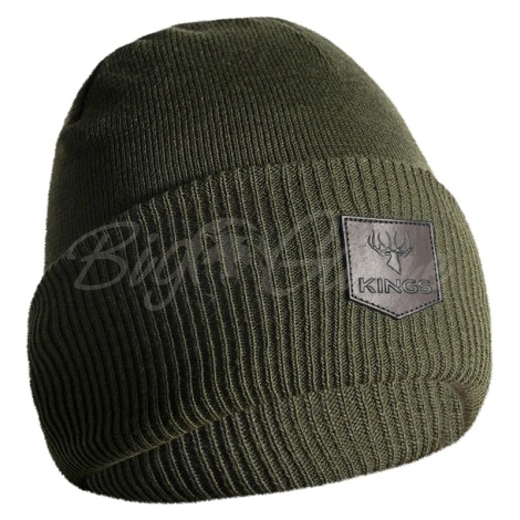 Шапка KING'S Cuffed Basic Beanie with Leather Patch цвет Olive фото 2