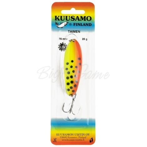 Блесна колеблющаяся KUUSAMO Taimen 75/25 код цв. BL/FR/FYe-B, UV фото 2