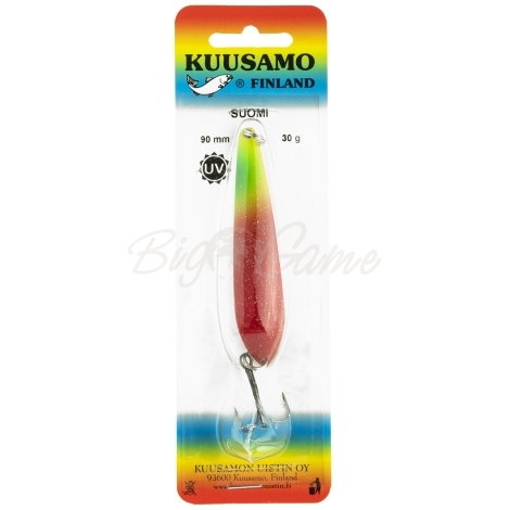 Блесна колеблющаяся KUUSAMO Suomi 90/30 код цв. GL/GR/FYe/R-C, UV фото 3